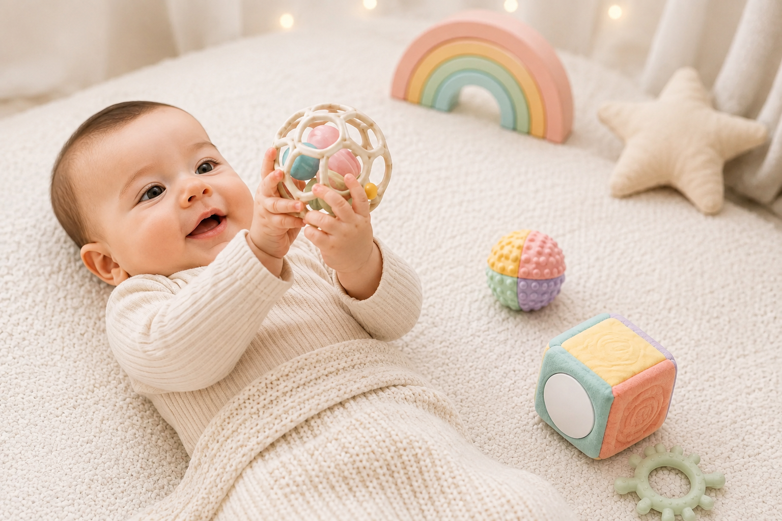 Newborn baby 0 to 6 months with age-appropriate toy