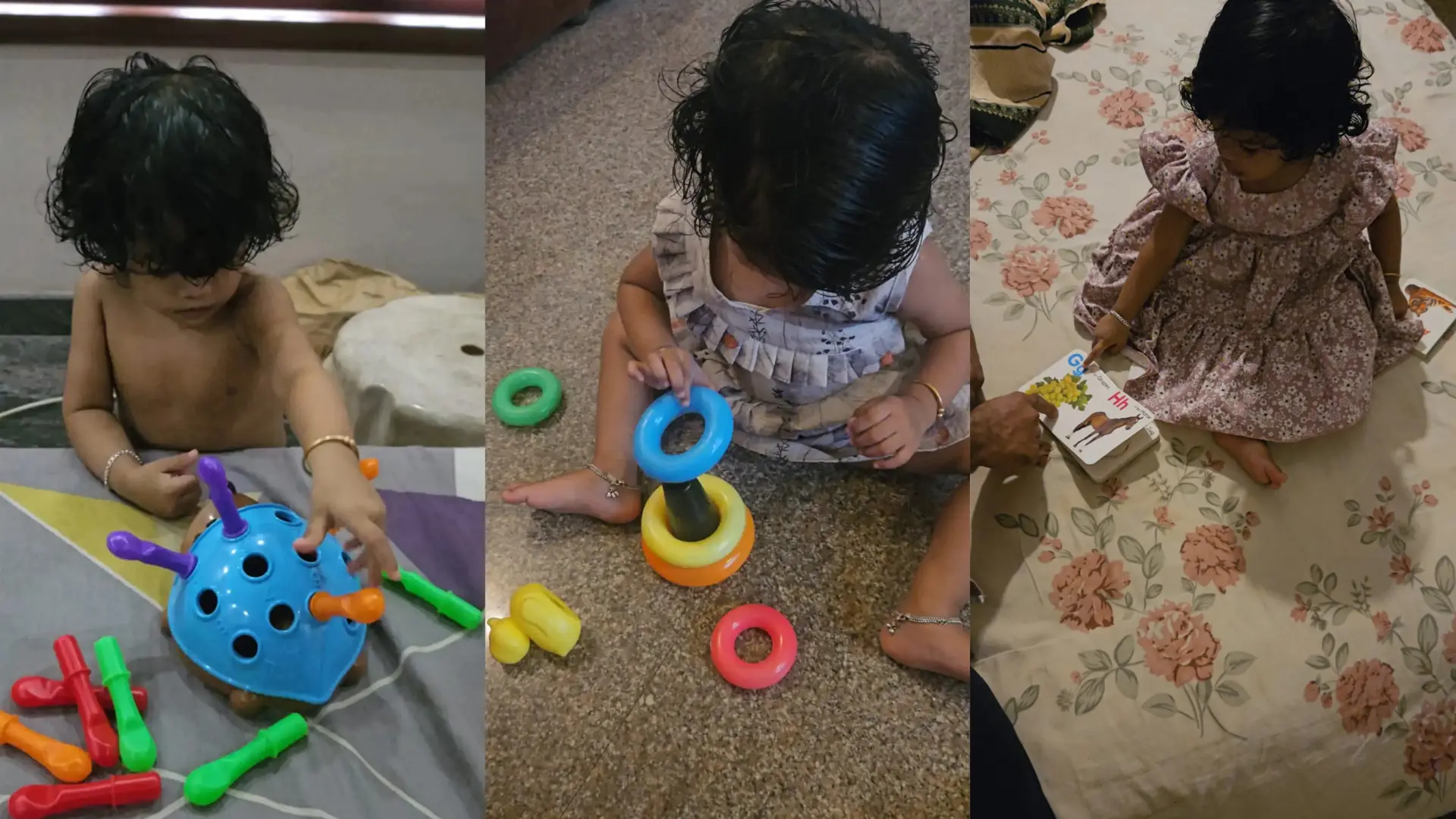 Toddler exploring colourful shape matching and stacking toys