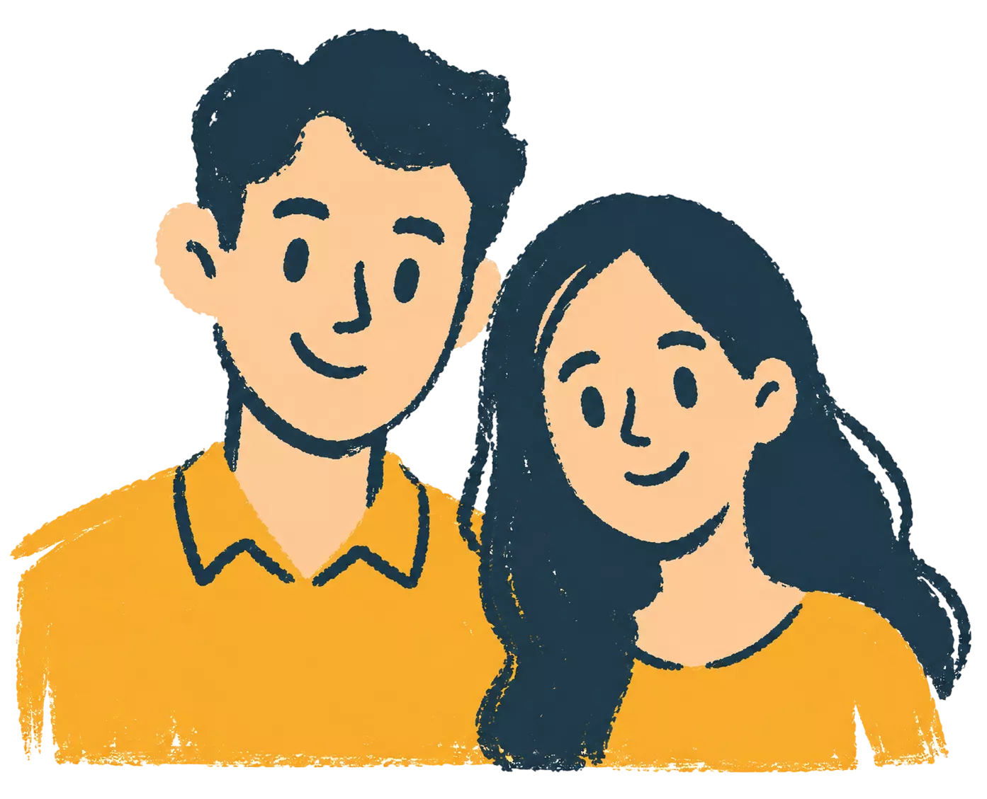 Illustration of a smiling man and woman standing close together, both in mustard yellow tops, representing the early world of learning