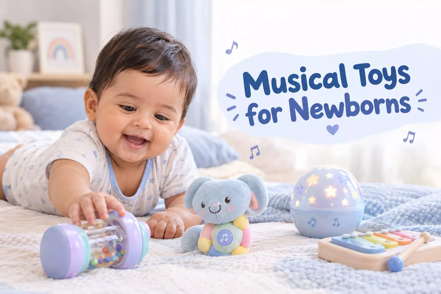 Smiling newborn baby playing with purple musical toys for newborns, including a rattle, plush toy, star night light, and xylophone
