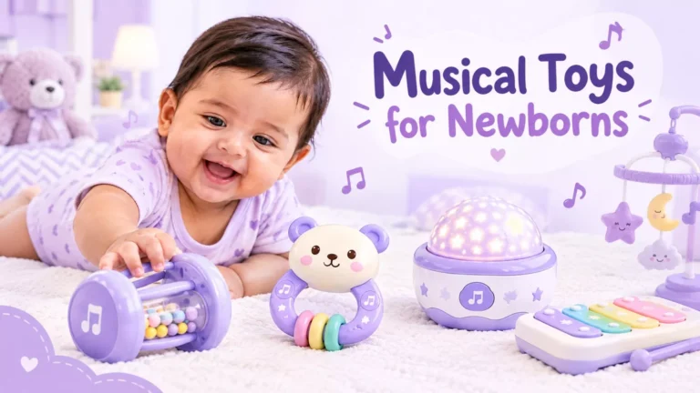 Smiling newborn baby playing with purple musical toys for newborns, including a rattle, plush toy, star night light, and xylophone