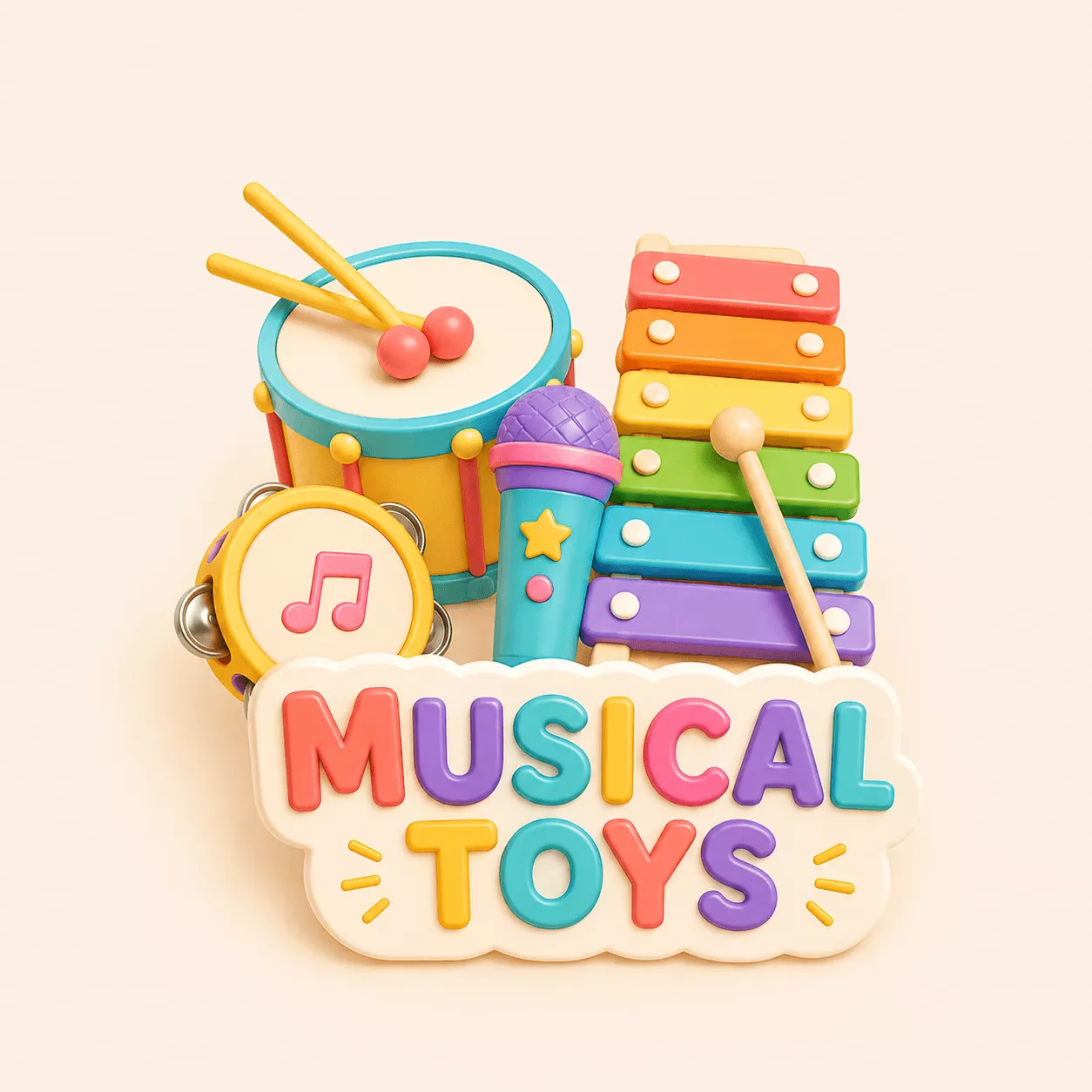 Colorful 3D musical toys for newborns and babies — drum, tambourine, toy microphone, and xylophone