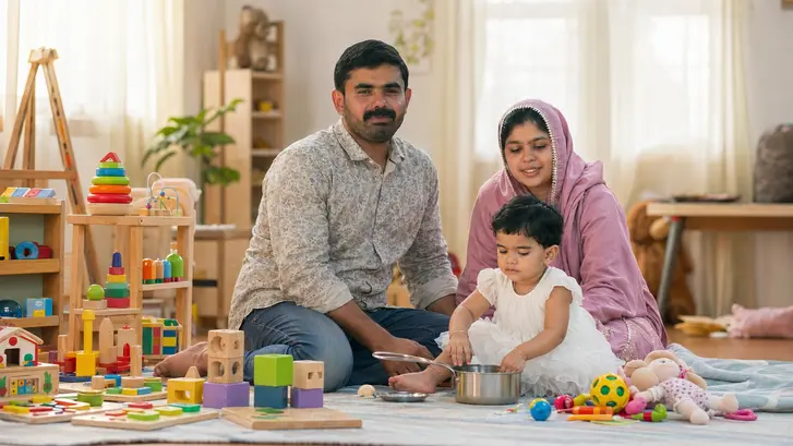 Father and mother watching their daughter play with a simple object surrounded by carefully chosen toys