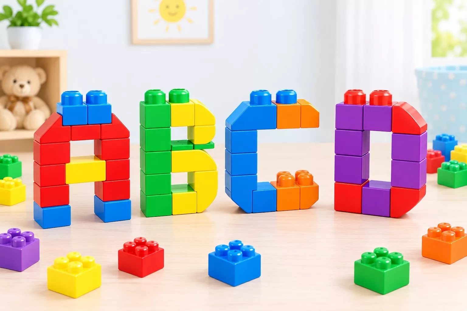 Letters A, B, C, D built using childrens building blocks in bright colours
