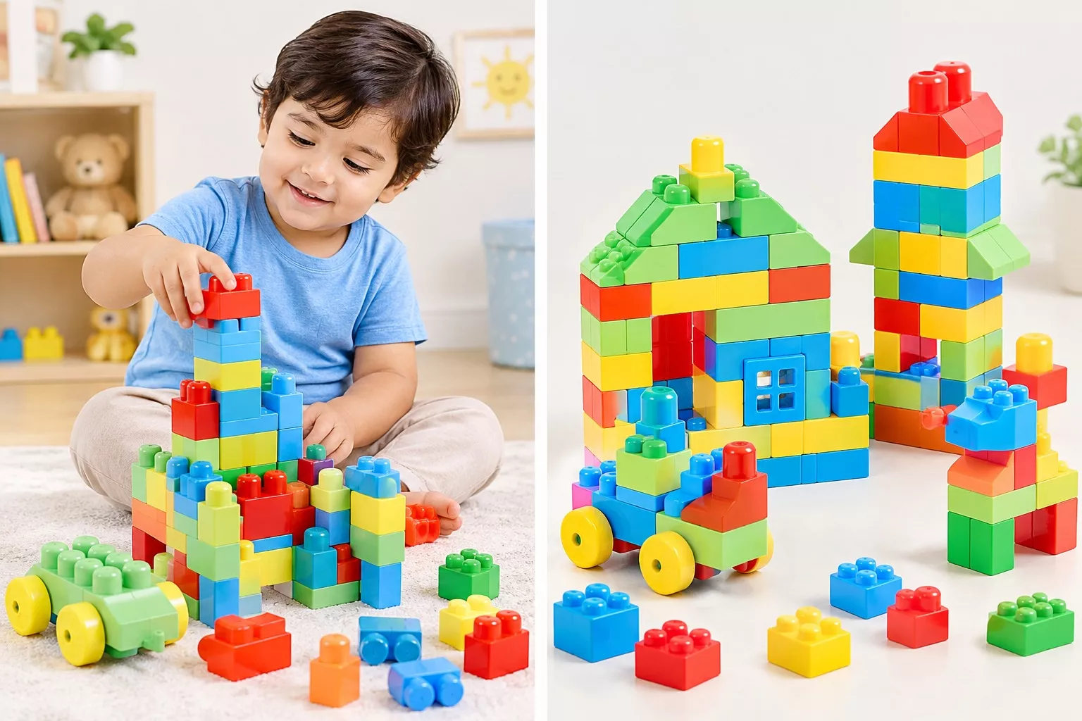 Toddler boy playing with childrens building blocks, stacking a colourful tower
