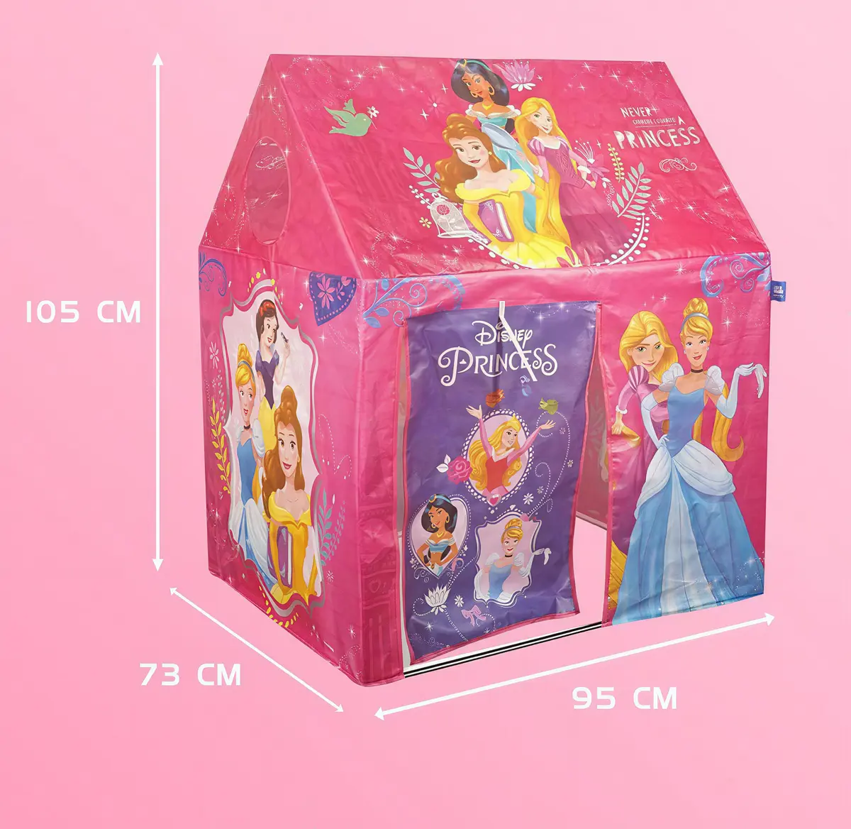 Playhouse for kids with pink fabric cover showing 95 cm width and 105 cm height