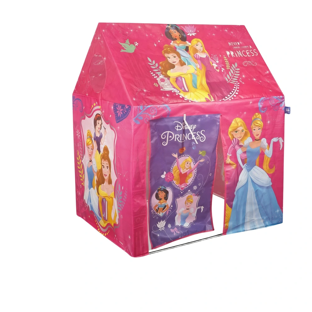 Colourful pink playhouse for kids with printed walls, doorway and side window