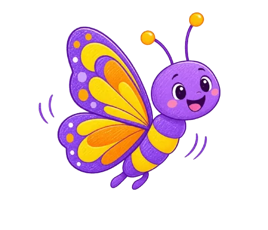Purple and orange cartoon butterfly in side profile with half-open wings, Early World of Learning mascot