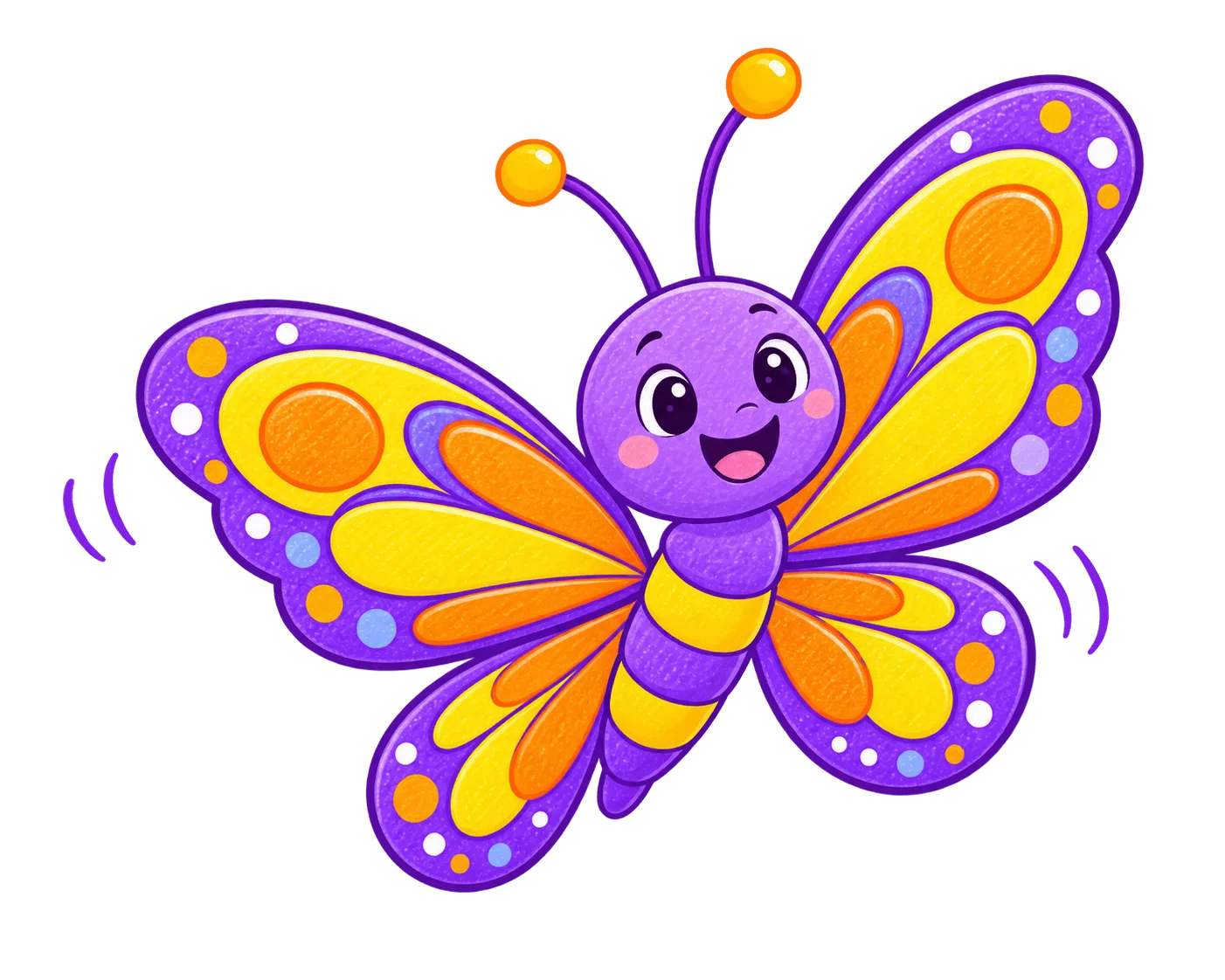 Smiling purple and orange cartoon butterfly with spread wings, Early World of Learning character