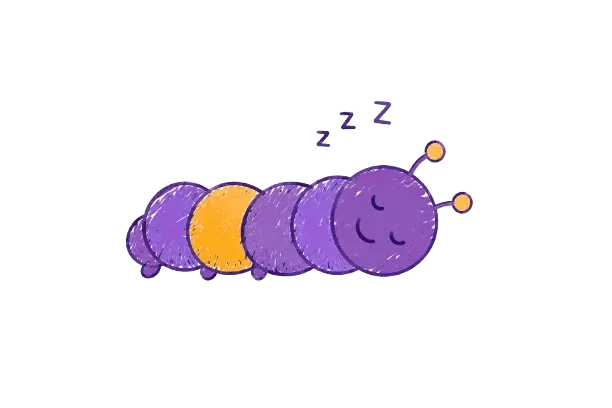 Purple and yellow cartoon caterpillar sleeping with Z symbols above its head, Early World of Learning character