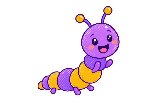Smiling purple and yellow striped caterpillar waving, Early World of Learning character