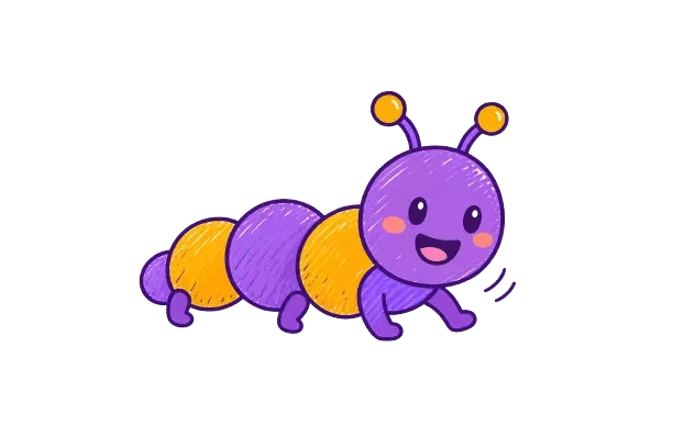 Purple and yellow cartoon caterpillar walking forward with motion lines, Early World of Learning character
