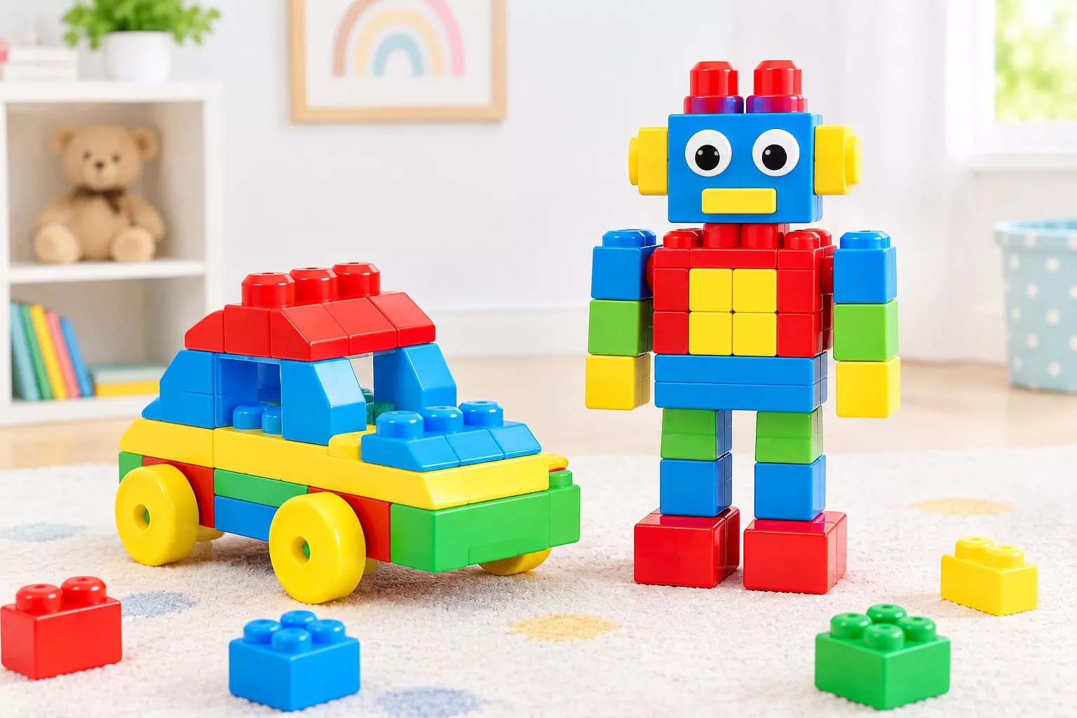 Robot figure and toy car built from childrens building block