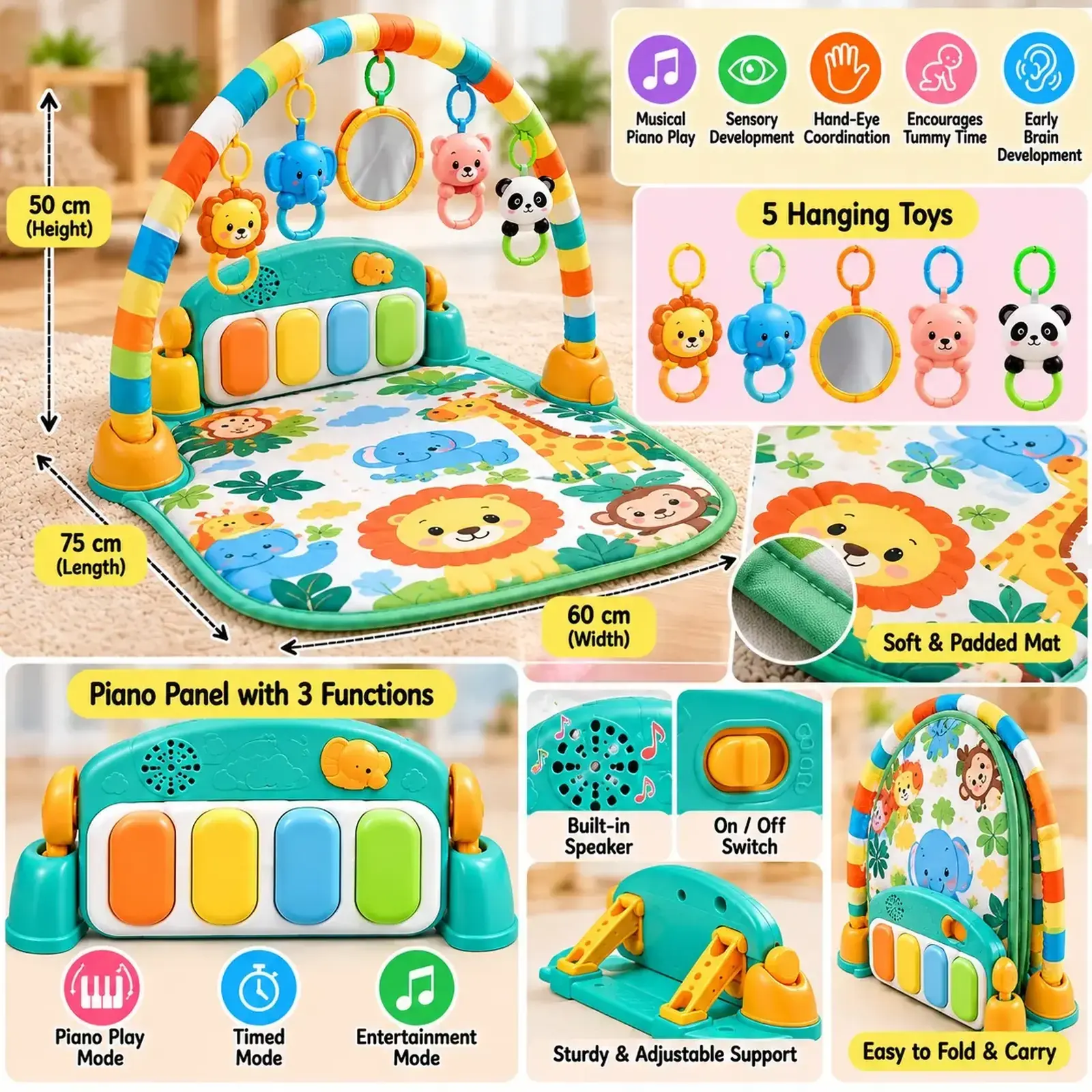 Baby piano gym mat shown with dimensions and close-up of piano panel functions