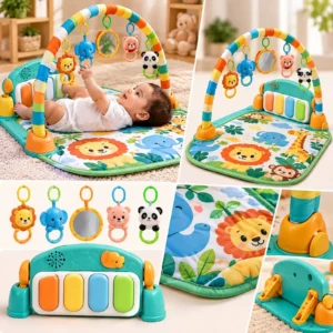 Baby lying on a piano gym mat kicking the piano panel and reaching for hanging toys