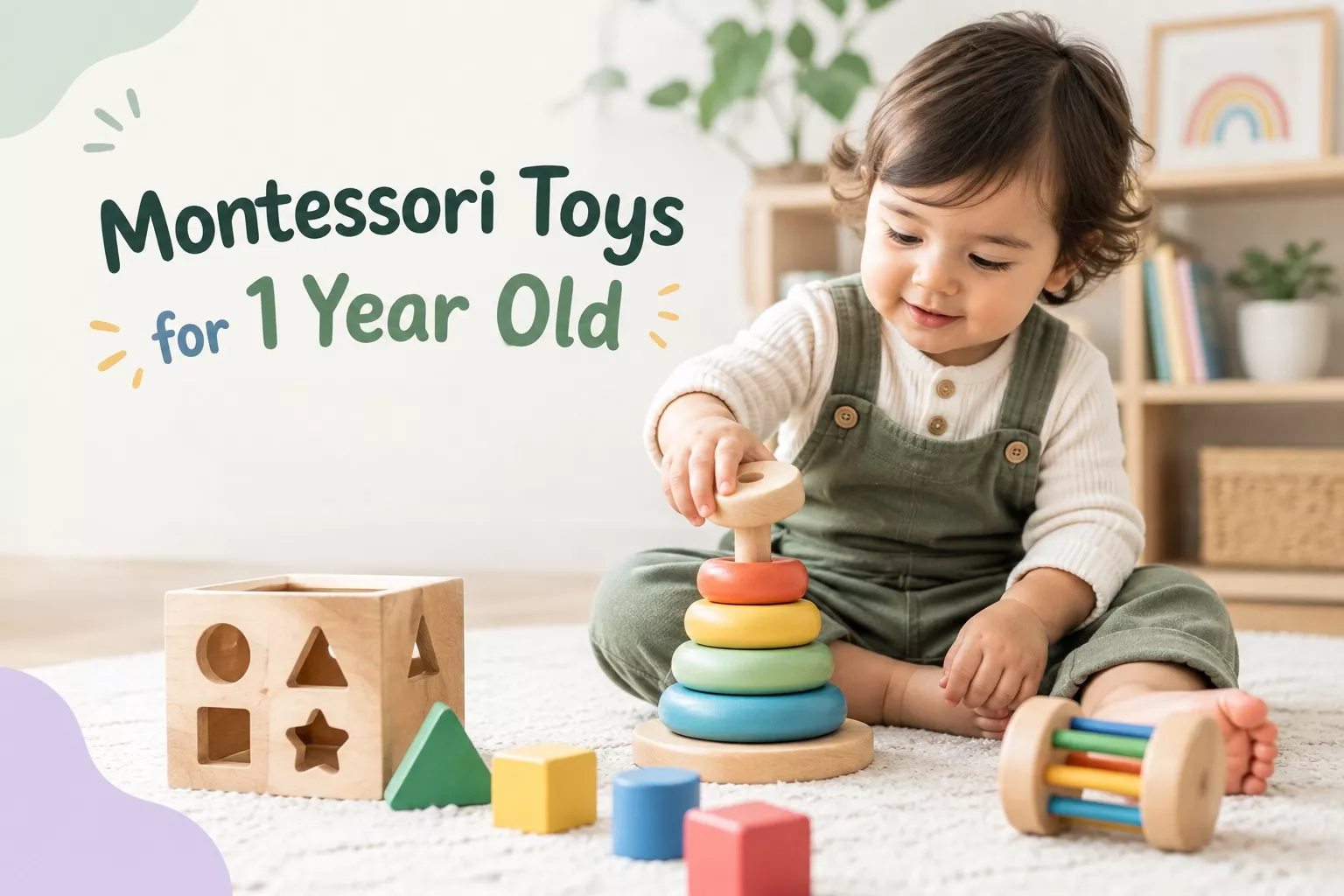 Toddler stacking a wooden ring stacker, one of several Montessori toys for 1 year old, with a shape sorter and abacus roller nearby