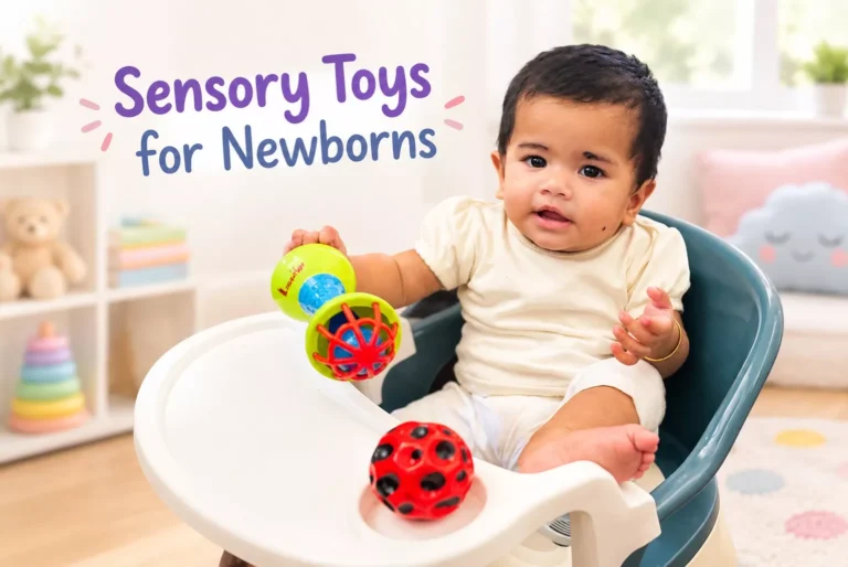 Baby in high chair holding a textured rattle ball, with a red bumpy ball on the tray, next to Sensory Toys for Newborns text