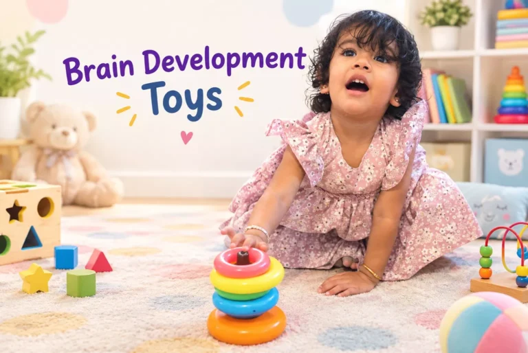 Toddler girl in floral dress reaching for a rainbow ring stacker toy on the floor—brain development toys