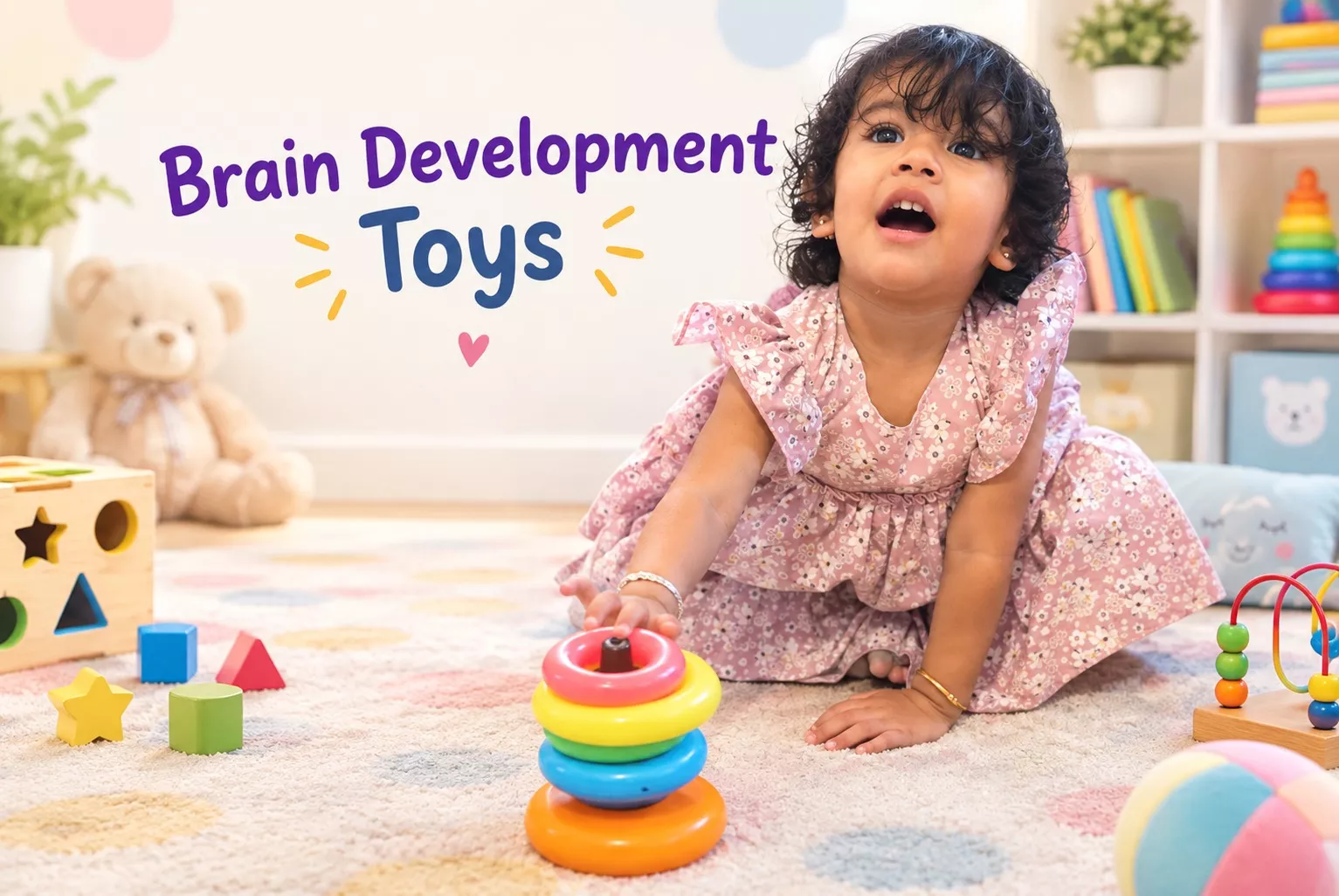 Toddler girl in floral dress reaching for a rainbow ring stacker toy on the floorβbrain development toys