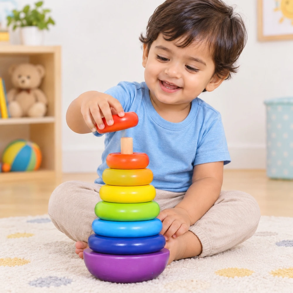 Toddler boy smiling while placing the top ring on a ring stacking toy