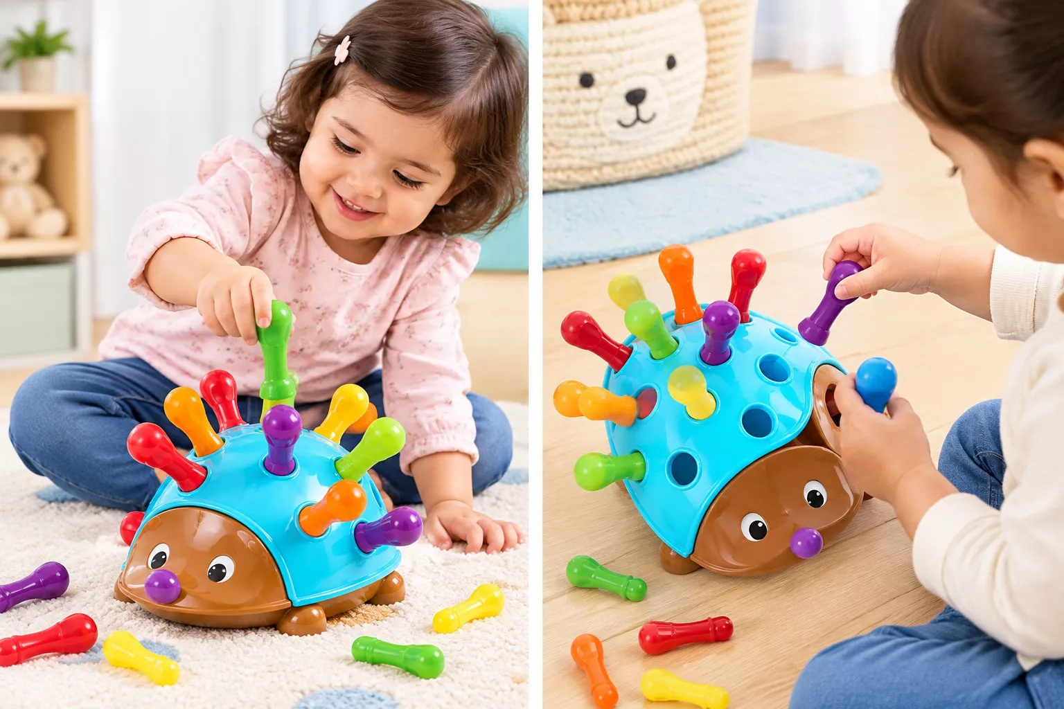  Toddler girl pulling a colourful spike out of a hedgehog-shaped pull out spike toy while sitting on a rug