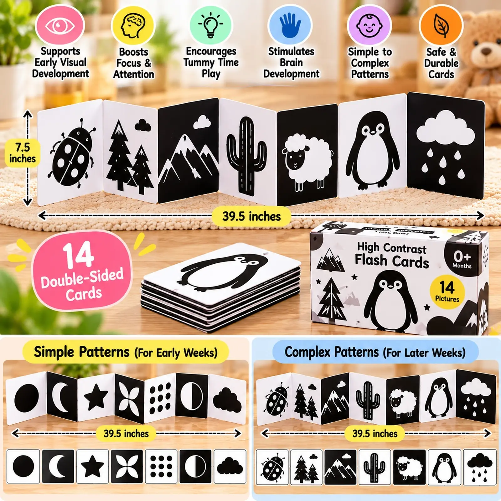 High contrast flash cards for newborns shown with baby, packaging, and accordion-fold card set