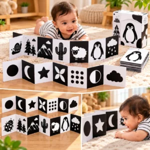 Baby during tummy time looking at black and white high contrast flash cards