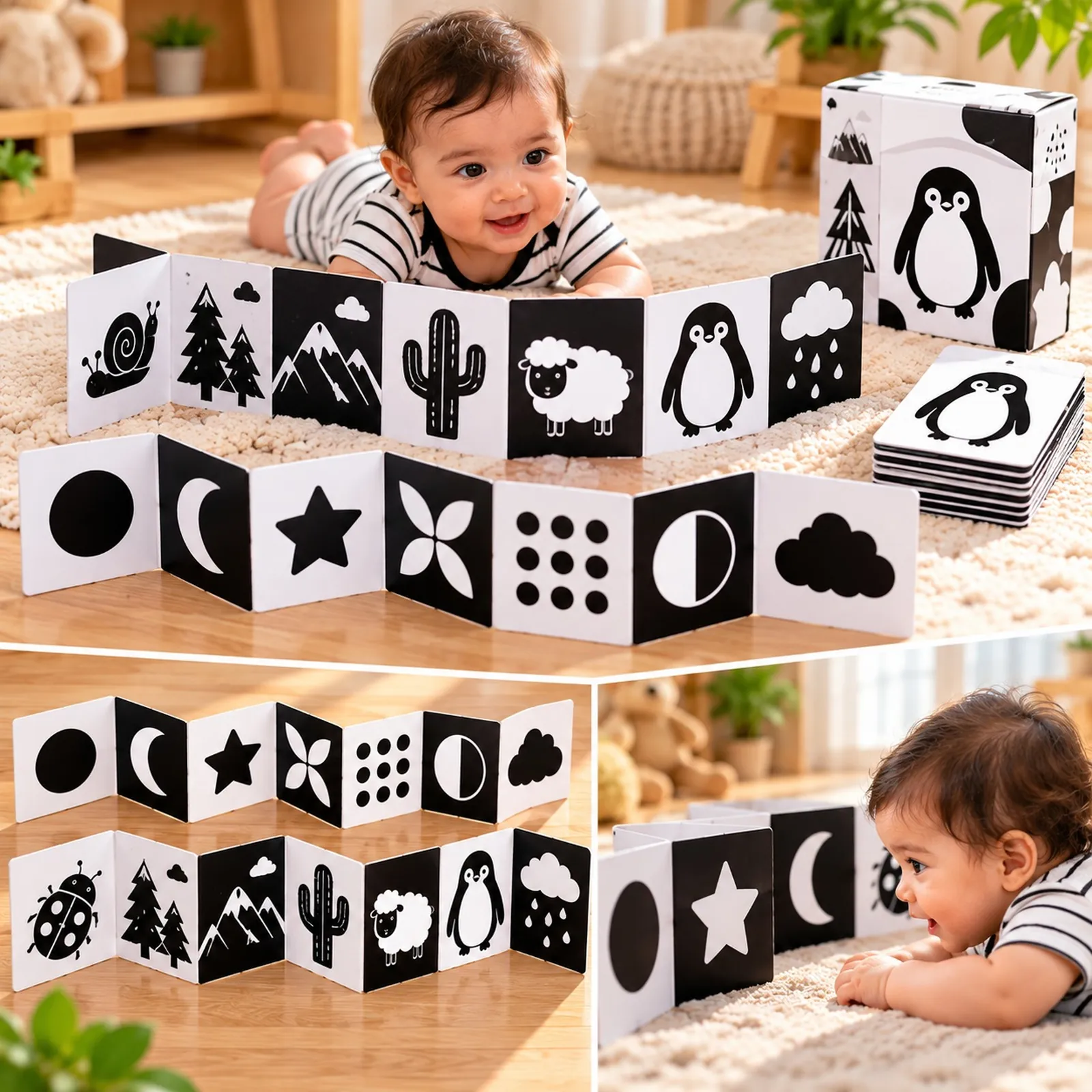 Baby during tummy time looking at black and white high contrast flash cards