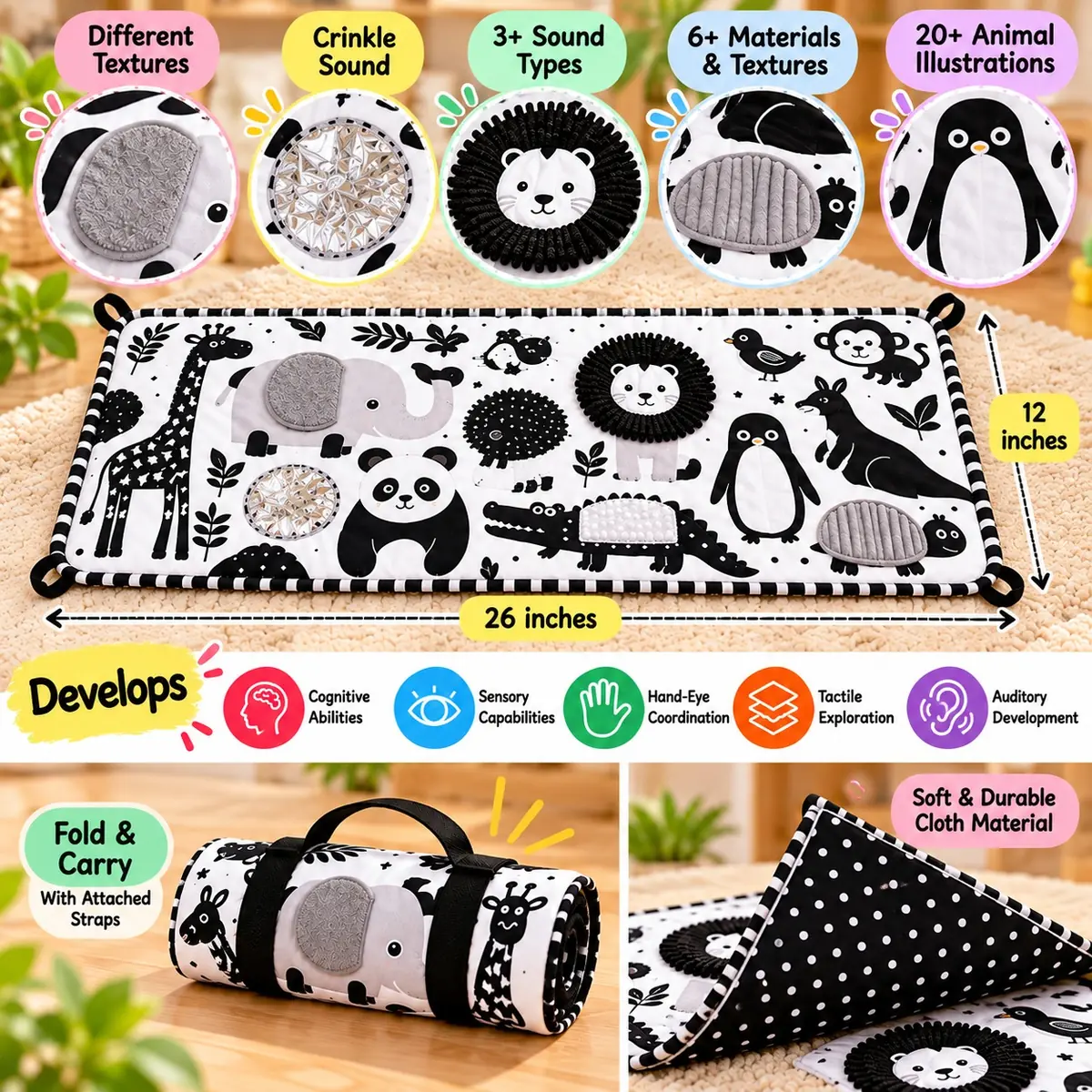 Black and white cloth tummy time mat showing 26 by 12 inch size with textured animal illustrations