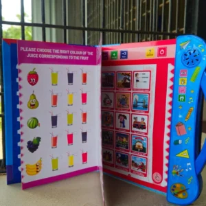 Interactive learning book features showing writing pen, eraser, on/off button, and battery compartment