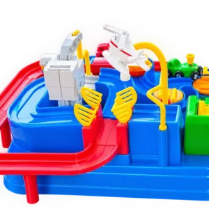 Car adventure play set with track base, ramps, mini traffic signs and four toy cars laid out