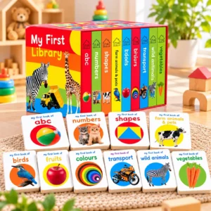Ten board book spines from My First Library set, colour-coded by topic including ABC, numbers, and shapes
