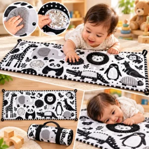 Baby lying on a black and white tummy time mat with developmental benefit callouts