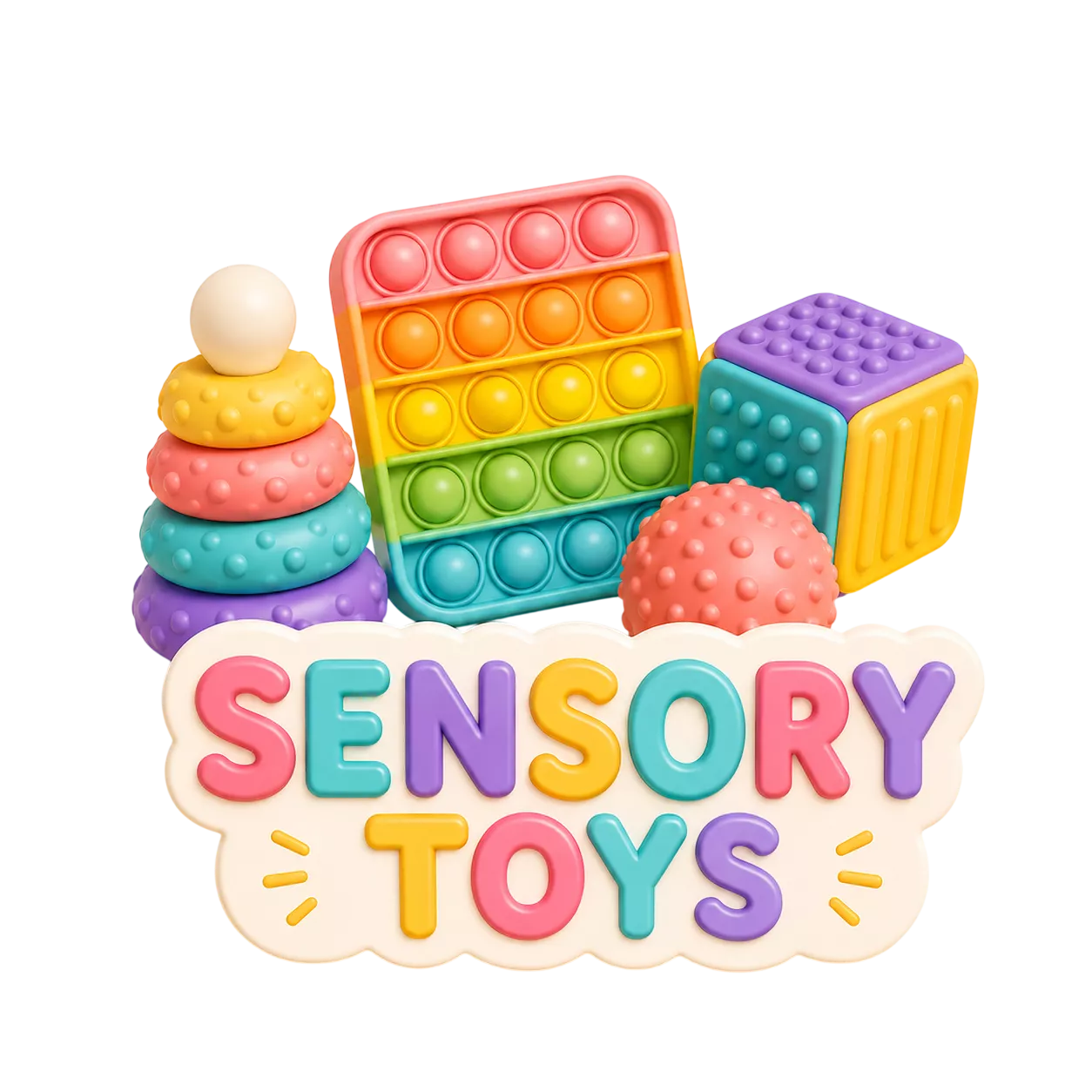 Sensory Toys for Newborns—stacking rings, silicone pop-it, textured cube, and spiky sensory ball