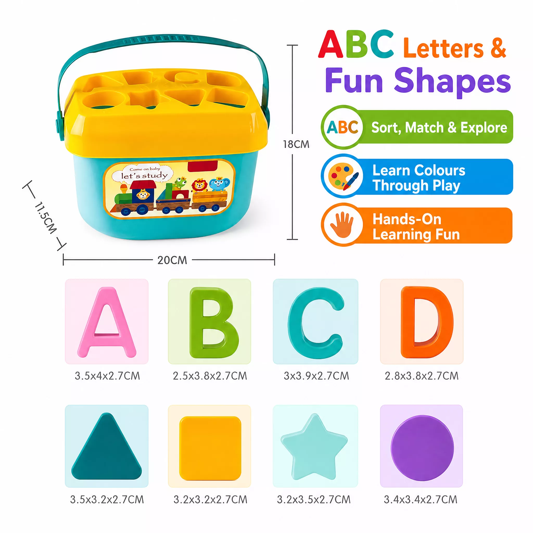 Shape sorting toy with ABC letter pieces and colourful geometric shapes