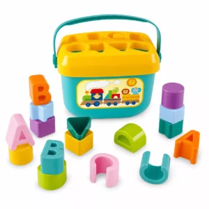 Shape sorting toy basket with matching openings for letters and shapes