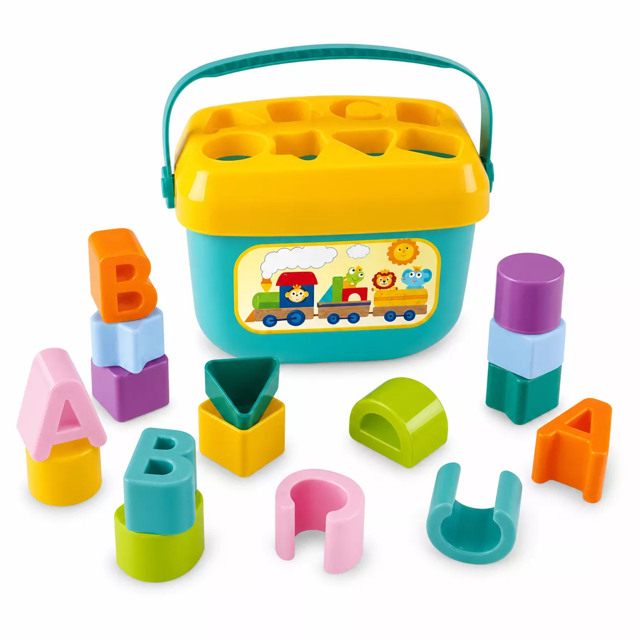 Shape sorting toy basket with matching openings for letters and shapes