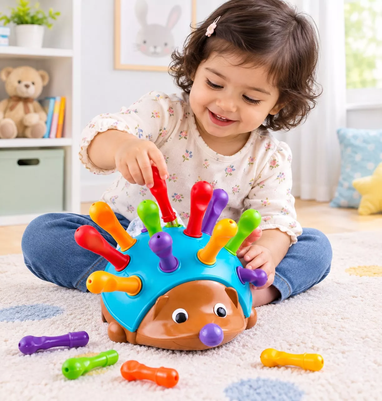 Smiling toddler pulling a red spike from a pull out spike toy shaped like a hedgehog