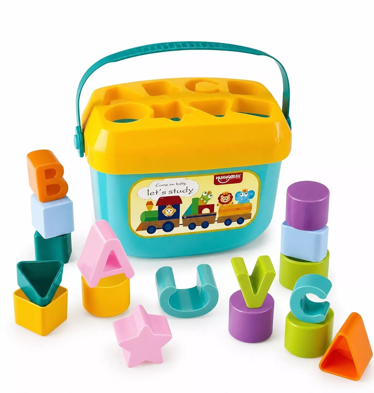 Shape sorting toy set with ABC letters, shapes, colours, and carry handle