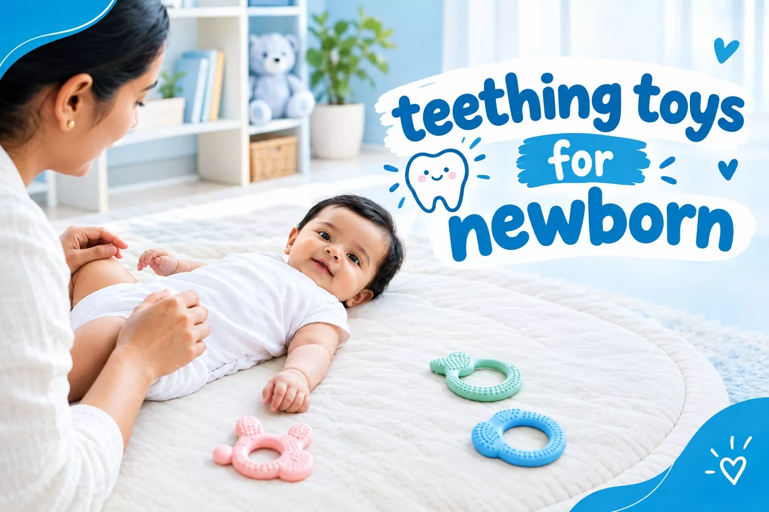 mum sitting beside her baby on a play mat, three teething rings placed next to them