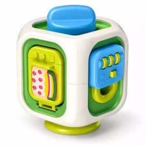 Hand demonstrating the unlock latch mechanism on a 6-in-1 busy cube toddler toy