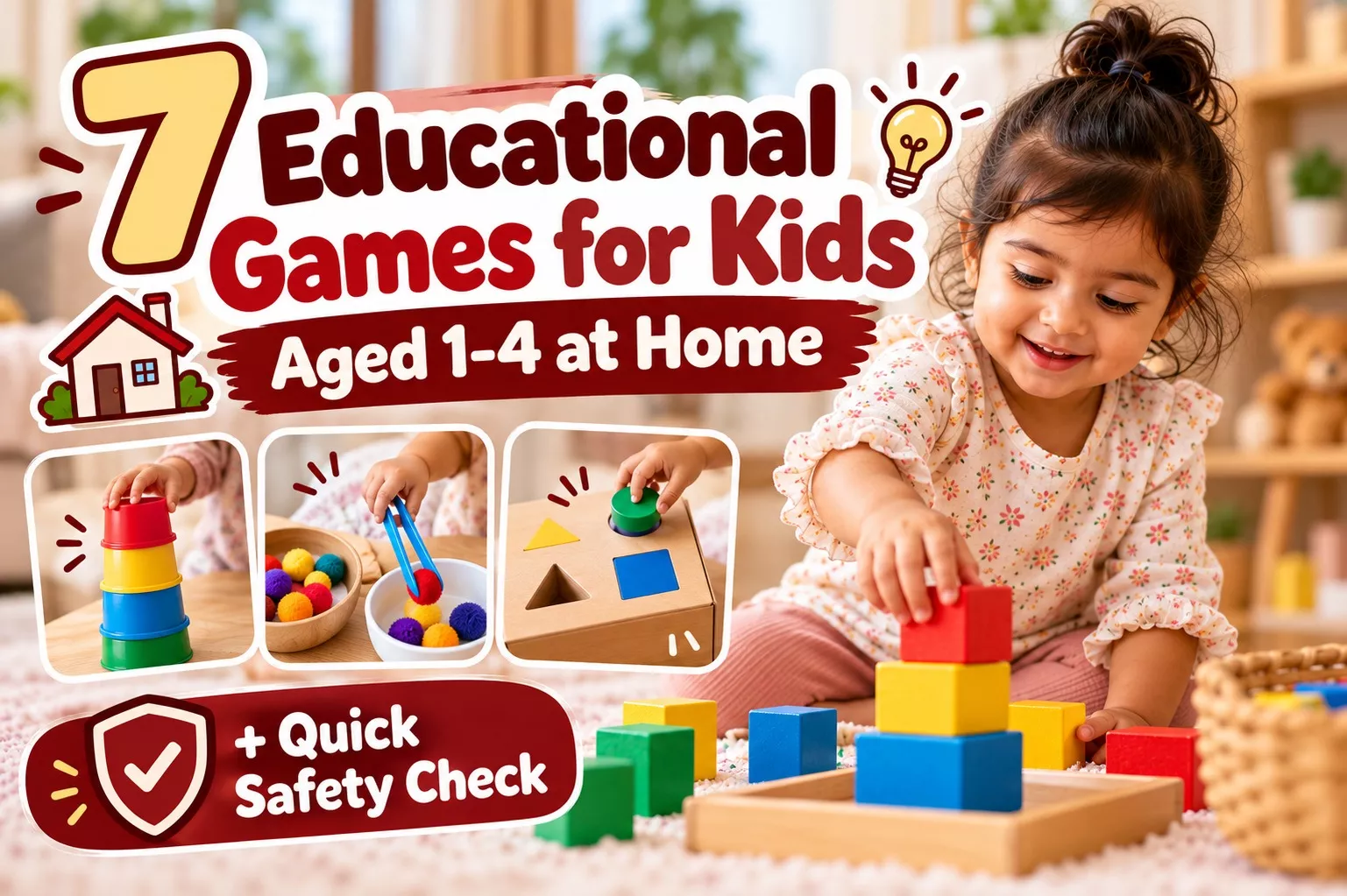 Toddler girl stacking red, yellow and blue wooden blocks, with a banner reading 7 Educational Games for Kids Aged 1-4 at Home