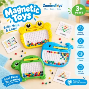 Magnetic dots board packaging showing turtle and whale versions with size specifications