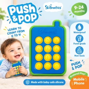 Baby holding a blue silicone push and pop phone toy, labelled baby-safe and waterproof