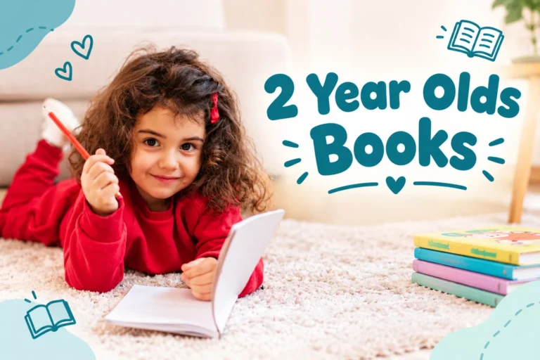 Smiling little girl lying on a rug holding a red pencil next to an open notebook, 2 year olds books