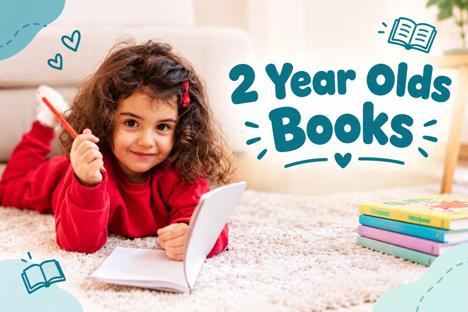 Smiling little girl lying on a rug holding a red pencil next to an open notebook, 2 year olds books