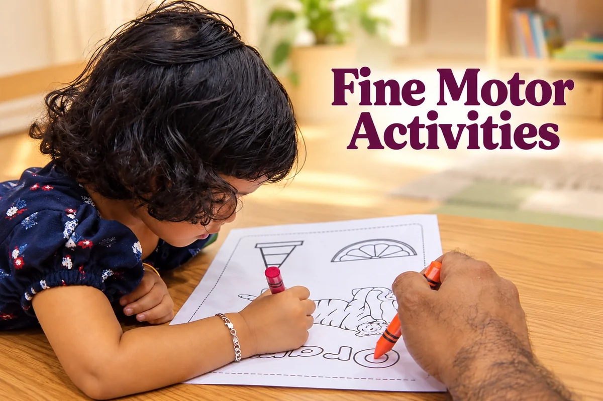 Toddler in a navy flower-print dress colouring a worksheet with a red crayon, an adult’s hand beside her holding an orange one, fine motor activities
