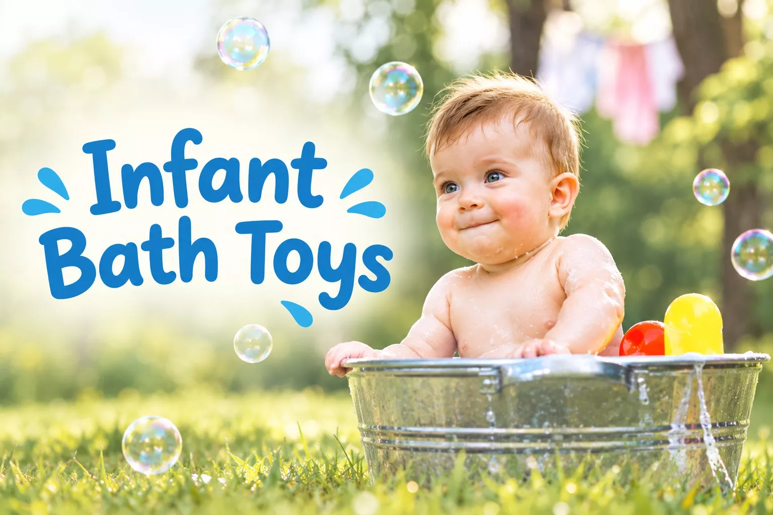 : Baby sitting in a metal bathtub outdoors with soap bubbles floating and rubber ducks nearby, infant bath toys in use