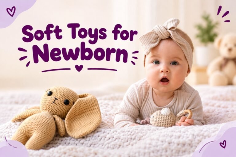 Baby lying on her tummy holding a small crochet toy, with a big crochet bunny beside her, soft toys for newborn