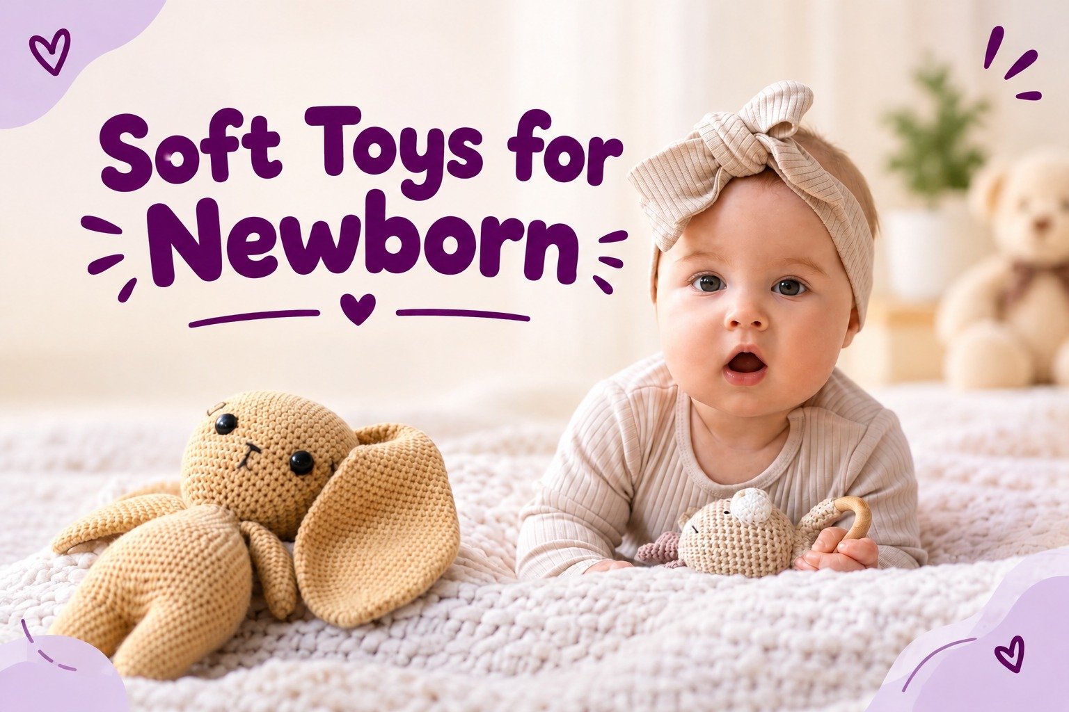 Baby lying on her tummy holding a small crochet toy, with a big crochet bunny beside her, soft toys for newborn